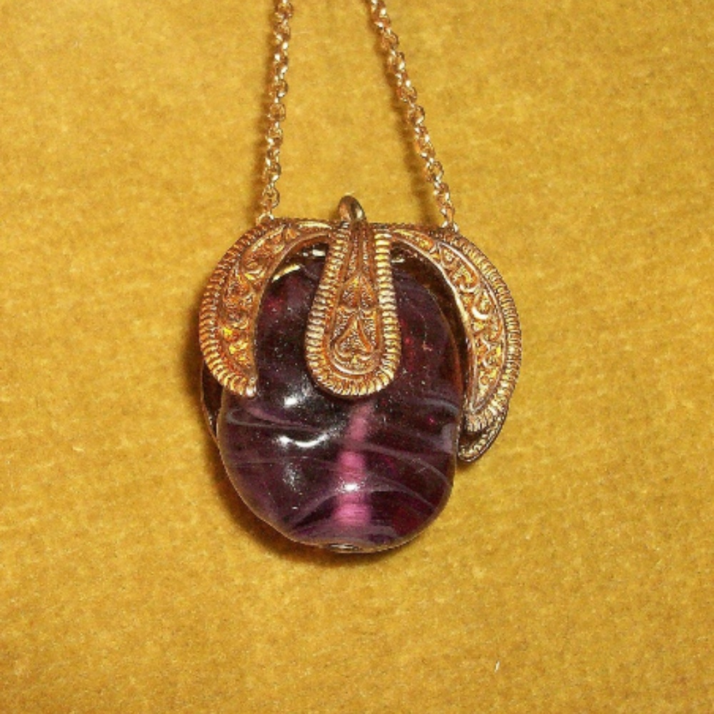 Vintage Eggplant Purple Glass and Goldtone Pendant